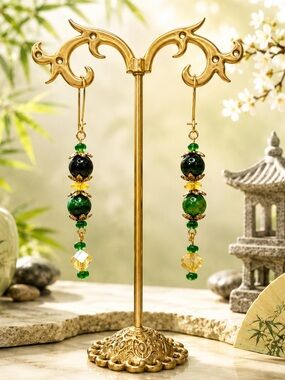 Green Tiger’s Eye Quartz & Crystals 18K Gold Dangle Beaded Earrings